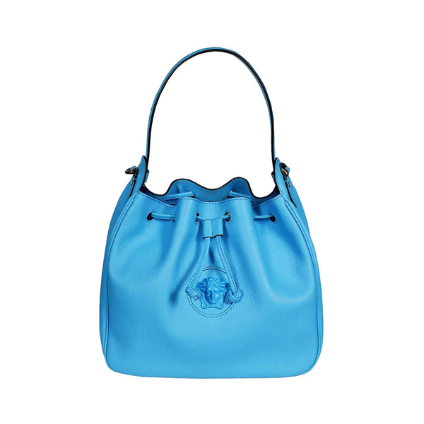Versace La Medusa Blue Textured Leather Bucket Bag Gold Hardware Chain Strap in Blue, authentic new handbag, image 4