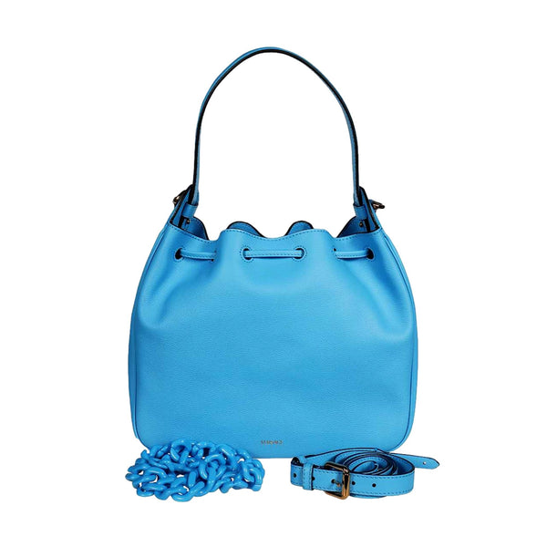 Versace La Medusa Blue Textured Leather Bucket Bag Gold Hardware Chain Strap in Blue, authentic new handbag, image 2