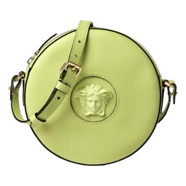 Versace La Medusa Lime Green Leather Disco Round Crossbody Bag in Citron Lime Green, authentic new handbag, image 4