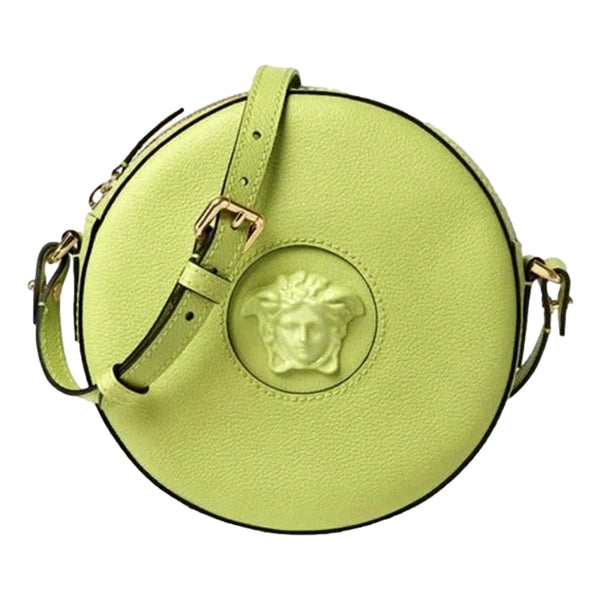 Versace La Medusa Lime Green Leather Disco Round Crossbody Bag in Citron Lime Green, authentic new handbag, image 1