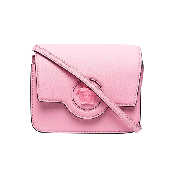 Versace La Medusa Pink Pebbled Leather Small Crossbody Bag Gold Logo in Pink, authentic new handbag, image 4