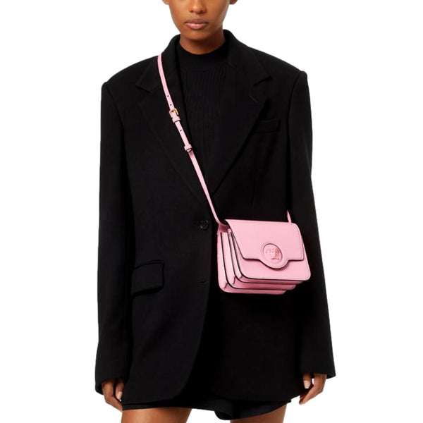 Versace La Medusa Pink Pebbled Leather Small Crossbody Bag Gold Logo in Pink, authentic new handbag, image 9