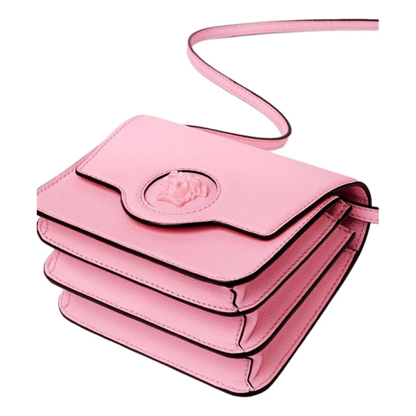 Versace La Medusa Pink Pebbled Leather Small Crossbody Bag Gold Logo in Pink, authentic new handbag, image 5