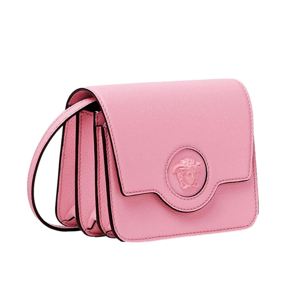 Versace La Medusa Pink Pebbled Leather Small Crossbody Bag Gold Logo in Pink, authentic new handbag, image 2