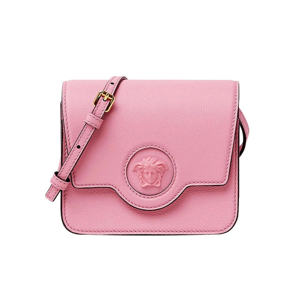 Versace La Medusa Pink Pebbled Leather Small Crossbody Bag Gold Logo in Pink, authentic new handbag, image 1