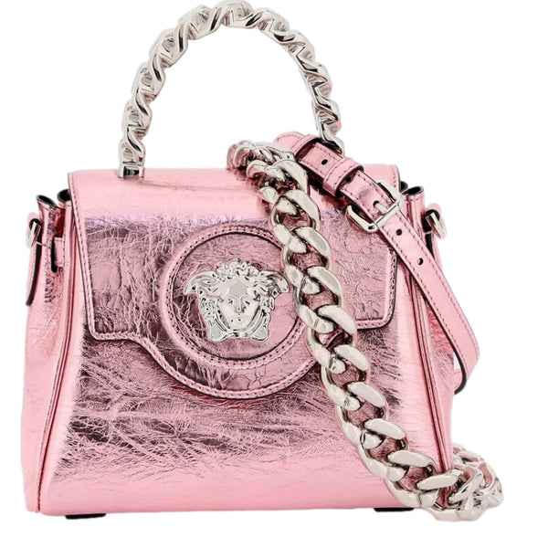 Versace La Medusa Metallic Pink Mini Top Handle Bag Chain Crossbody in Pink Metallic, authentic new handbag, image 1