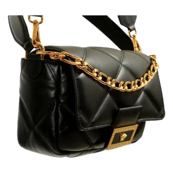 Versace La Medusa Quilted Black Calfskin Leather Crossbody Bag Gold Chain in Black, authentic new handbag, image 2