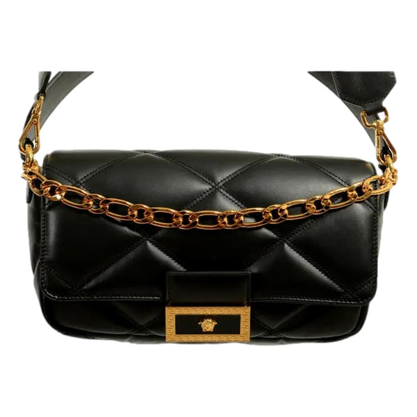 Versace La Medusa Quilted Black Calfskin Leather Crossbody Bag Gold Chain in Black, authentic new handbag, image 1