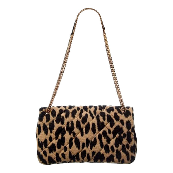 Versace Leopard Print Wool Leather Shoulder Bag Gold Medallion Chain Strap in Brown, authentic new handbag, image 3
