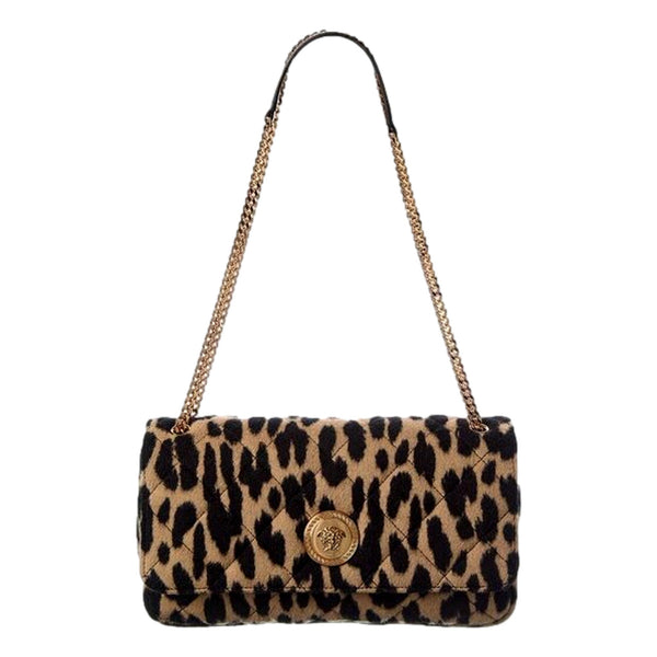 Versace Leopard Print Wool Leather Shoulder Bag Gold Medallion Chain Strap in Brown, authentic new handbag, image 1