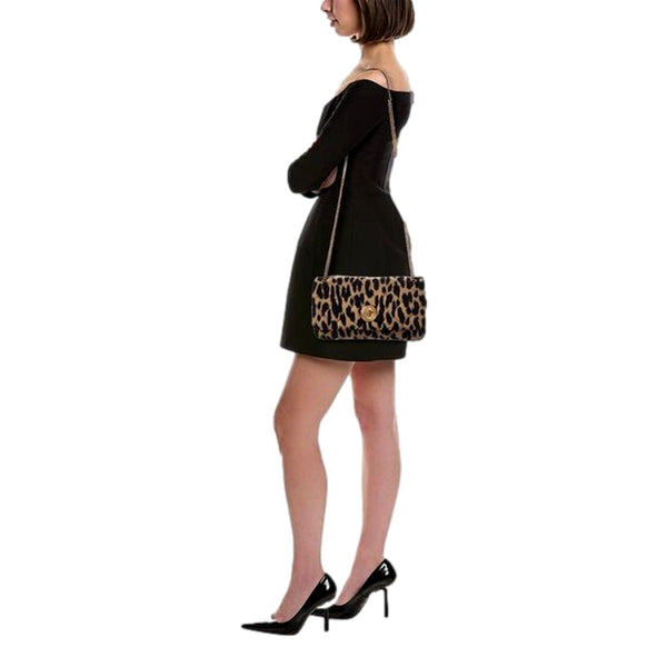 Versace Leopard Print Wool Leather Shoulder Bag Gold Medallion Chain Strap in Brown, authentic new handbag, image 4