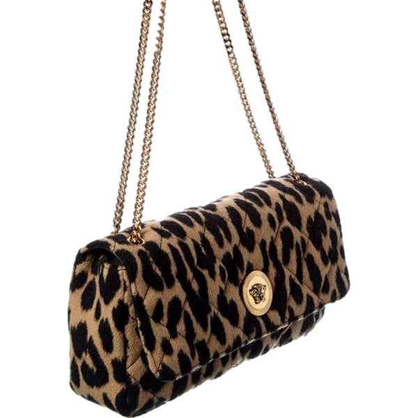 Versace Leopard Print Wool Leather Shoulder Bag Gold Medallion Chain Strap in Brown, authentic new handbag, image 2