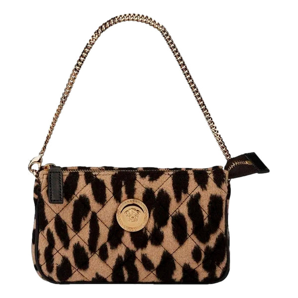 Versace Leopard Print Fur Mini Shoulder Bag Gold Medusa Chain Designer Handbag in Brown, authentic new handbag, image 1