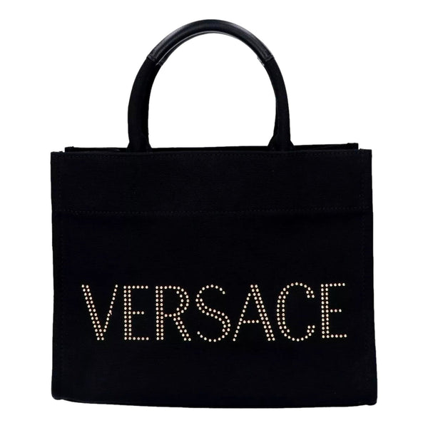 Versace Black Canvas Studded Logo Tote Bag in Black, authentic new handbag, image 1