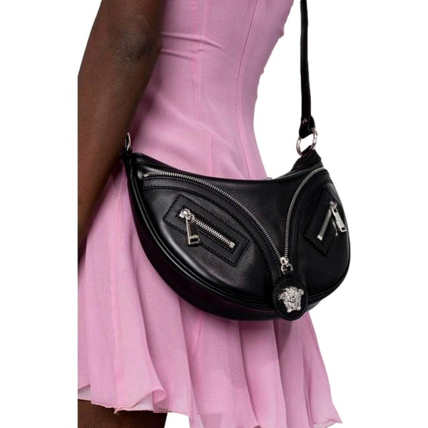 Versace La Medusa Repeat Small Hobo Shoulder Bag Black Calfskin Leather in Black, authentic new handbag, image 6
