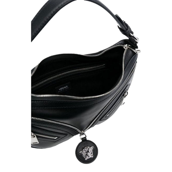 Versace La Medusa Repeat Small Hobo Shoulder Bag Black Calfskin Leather in Black, authentic new handbag, image 5