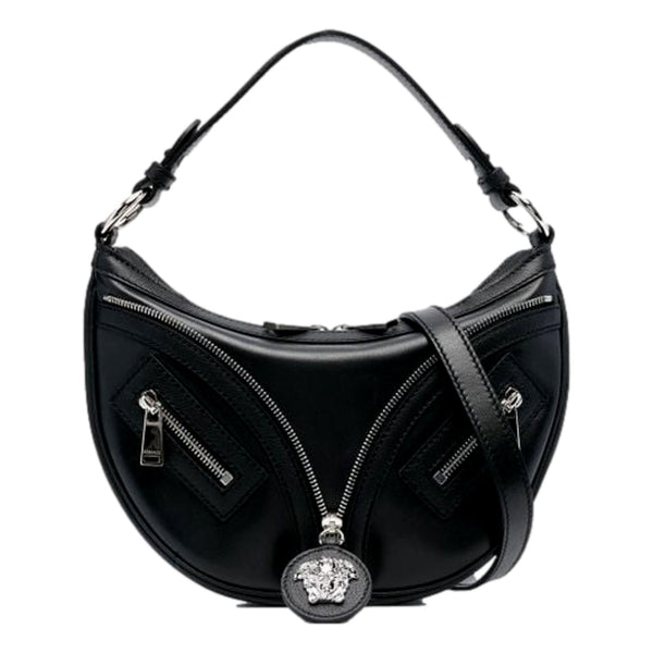 Versace La Medusa Repeat Small Hobo Shoulder Bag Black Calfskin Leather in Black, authentic new handbag, image 1