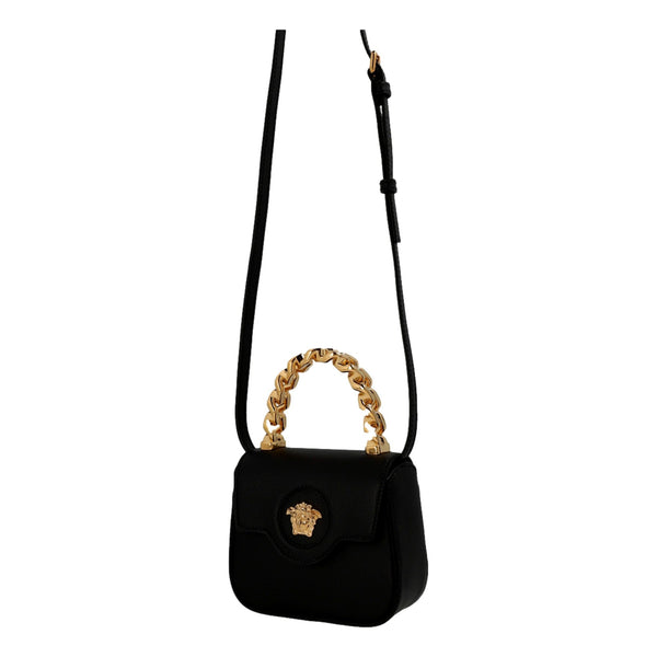 Versace Mini Top Handle Black Vitello Leather Designer Handbag in Black, authentic new handbag, image 5