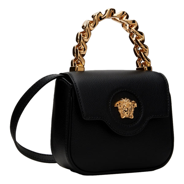 Versace Mini Top Handle Black Vitello Leather Designer Handbag in Black, authentic new handbag, image 3