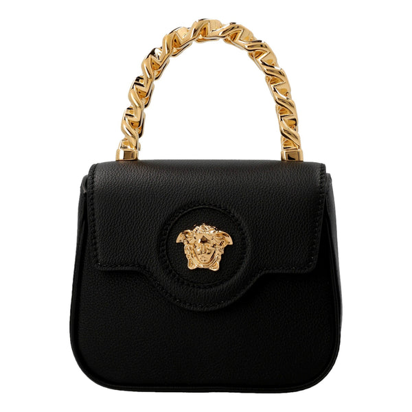 Versace Mini Top Handle Black Vitello Leather Designer Handbag in Black, authentic new handbag, image 1