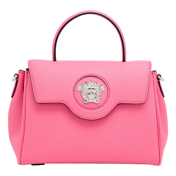 Versace Flamingo Pink Vitello Leather Top Handle Designer Handbag in Red, authentic new handbag, image 1