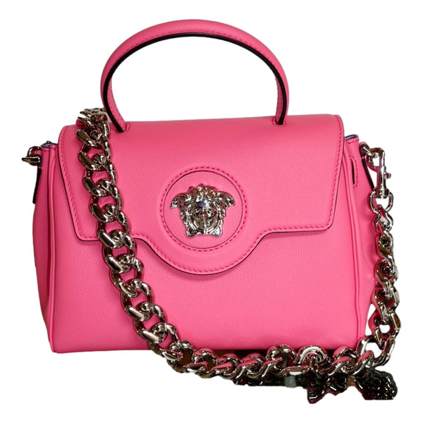 Versace Flamingo Pink Vitello Leather Top Handle Designer Handbag in Red, authentic new handbag, image 4