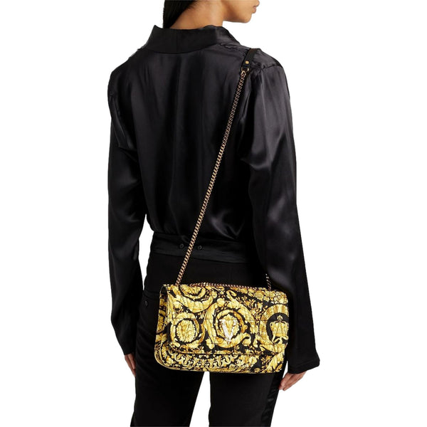 Versace Virtus Barocco Print Quilted Silk Shoulder Bag Black Gold in Black and Gold, authentic new handbag, image 5
