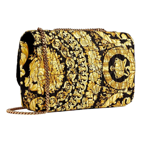 Versace Virtus Barocco Print Quilted Silk Shoulder Bag Black Gold in Black and Gold, authentic new handbag, image 4