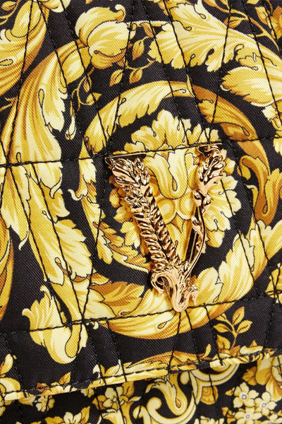 Versace Virtus Barocco Print Quilted Silk Shoulder Bag Black Gold in Black and Gold, authentic new handbag, image 2