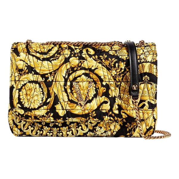 Versace Virtus Barocco Print Quilted Silk Shoulder Bag Black Gold in Black and Gold, authentic new handbag, image 1