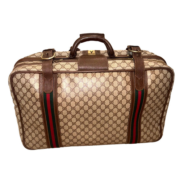 Gucci Vintage GG Monogram Canvas Travel Suitcase with Web Stripe and Leather Trim in GG Monogram and Brown with Web Stripe, a