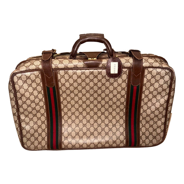 Gucci Vintage GG Monogram Canvas Travel Suitcase with Web Stripe and Leather Trim in GG Monogram and Brown with Web Stripe, a