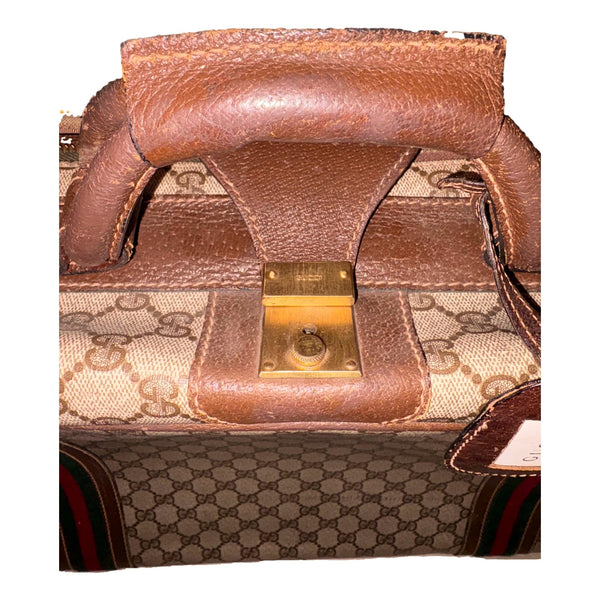 Gucci Vintage GG Monogram Canvas Travel Suitcase with Web Stripe and Leather Trim in GG Monogram and Brown with Web Stripe, a