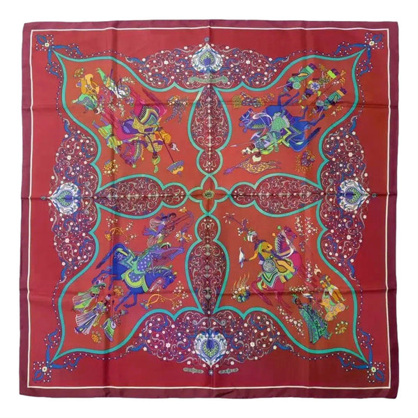 Hermès burgundy silk scarf, full equestrian print and turquoise accents