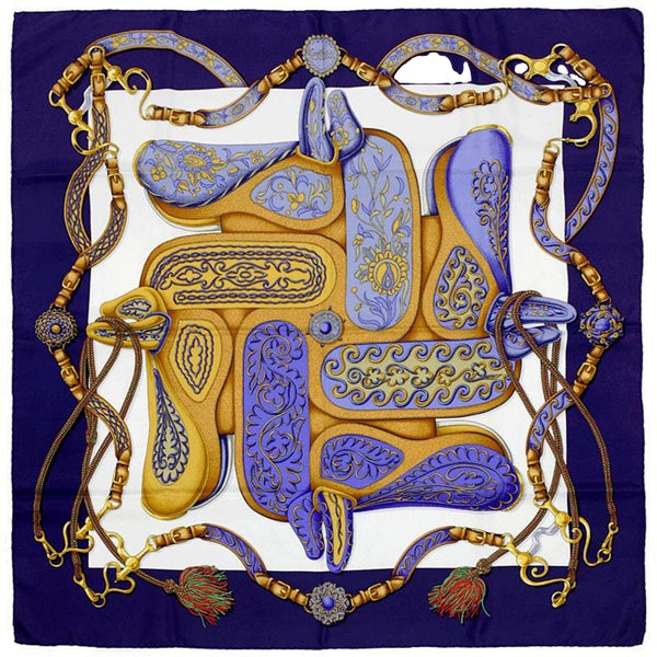 Hermès Festival navy silk scarf, full saddle and bridle print