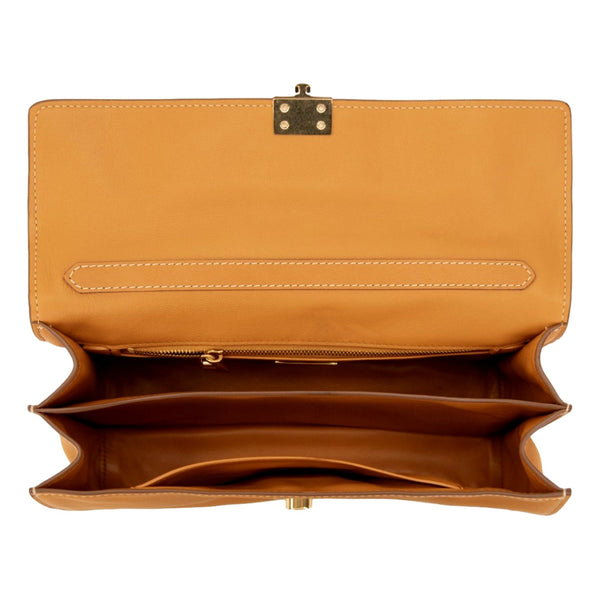 Prada Soft Sound Ambra orange bag, open flap and divided interior